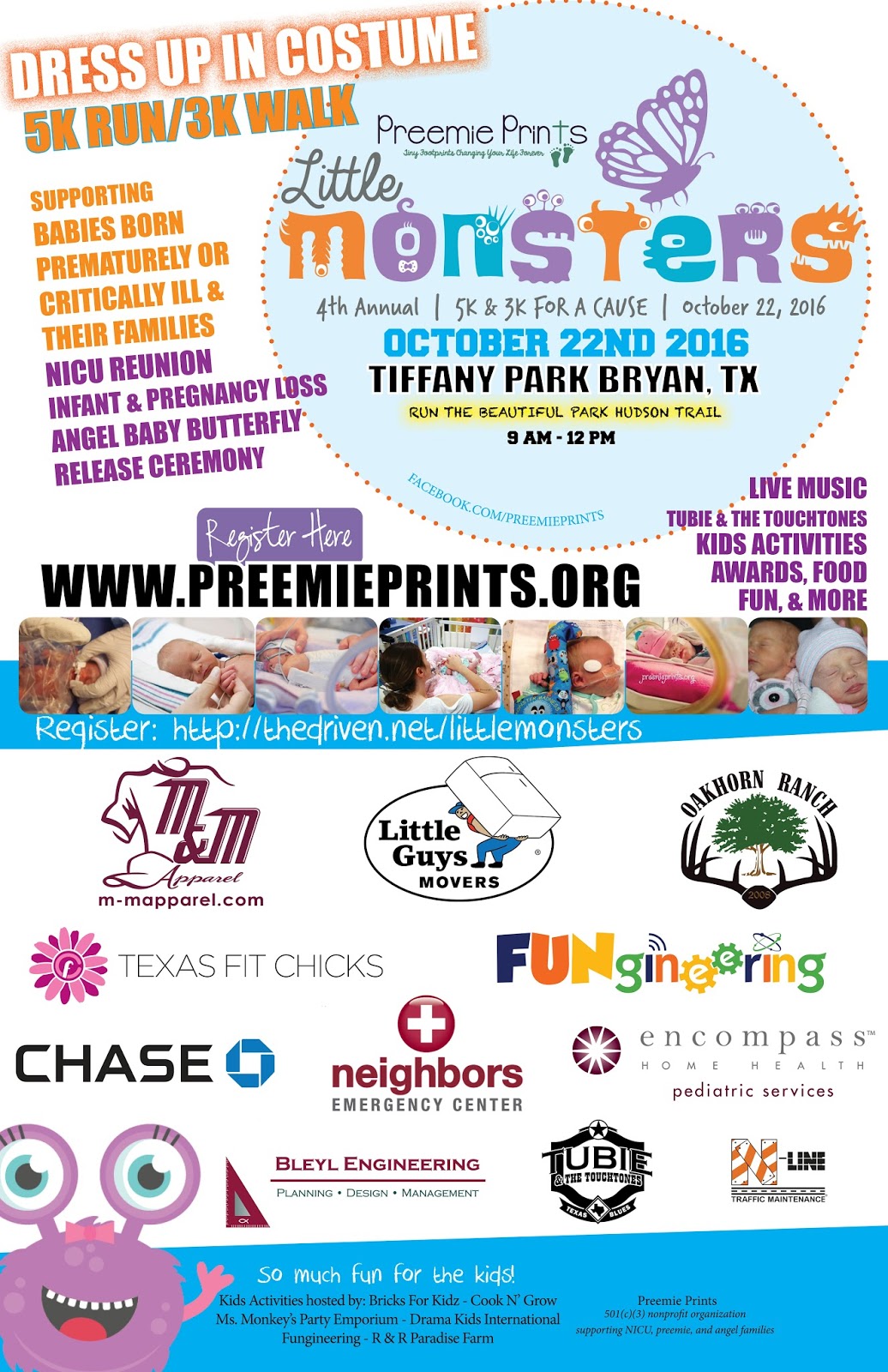 Save the date on October 22 for Preemie Prints’ 4th annual Little Monsters 5K for a Cause in Bryan, TX.