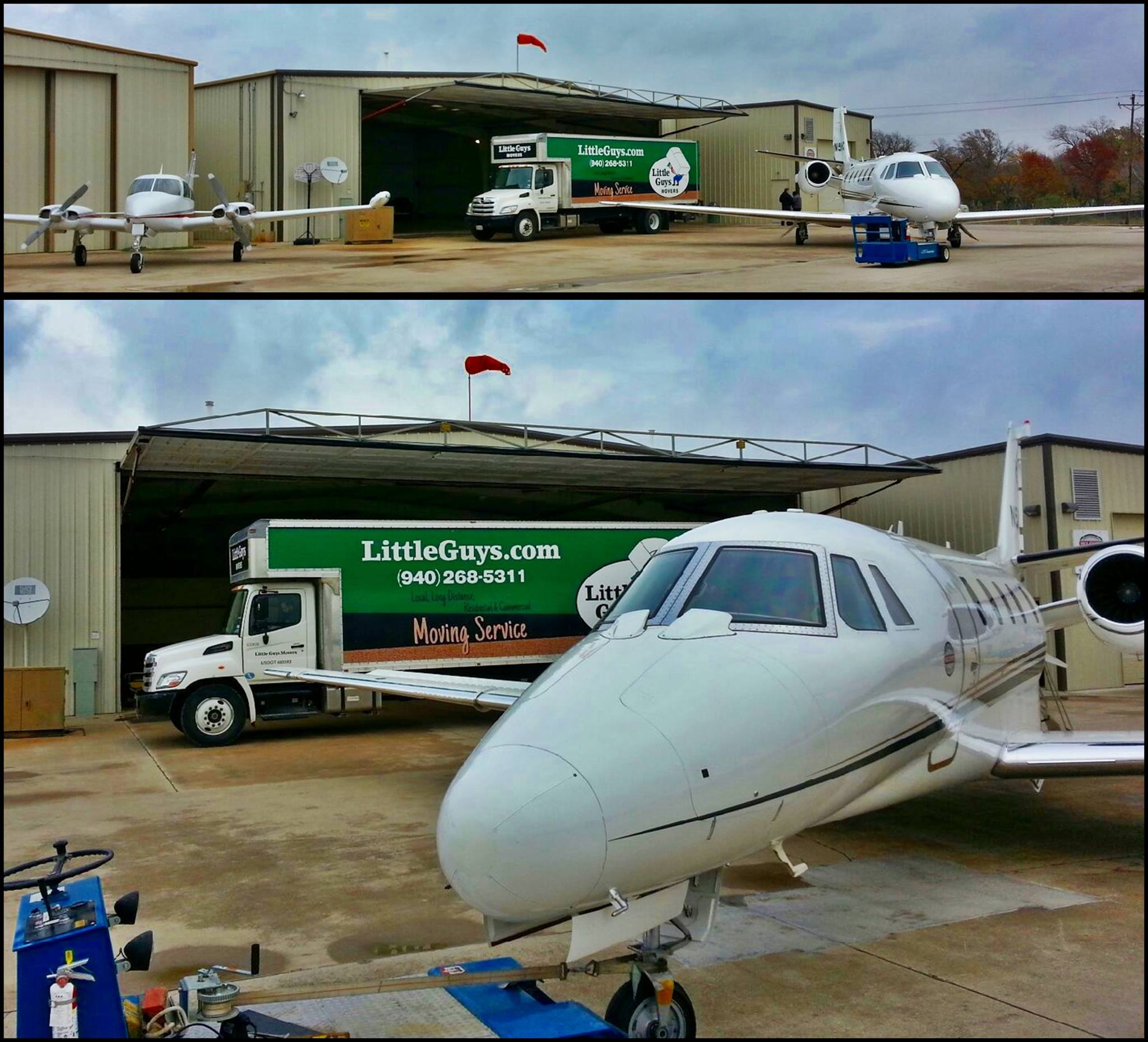 Little Guys Movers truck next to air hangar with airplanes