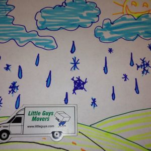 Drawing of rain falling on Little Guys Movers truck