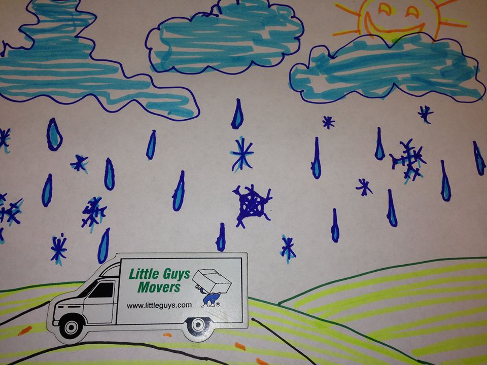 Drawing of rain falling on Little Guys Movers truck