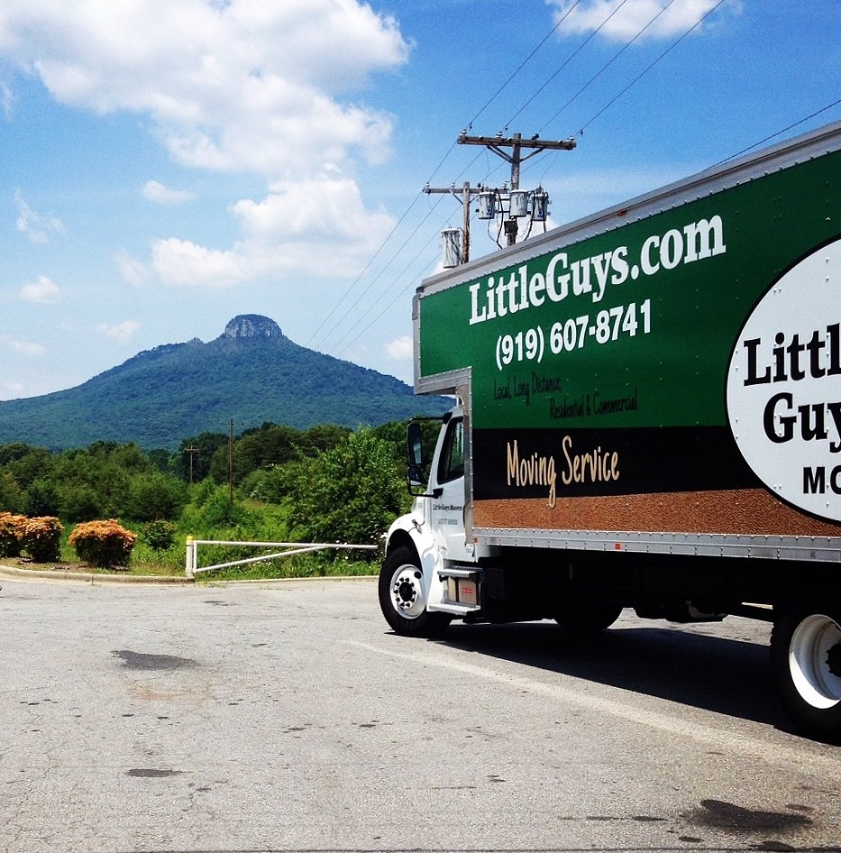 Little Guys Movers truck in front of mountain