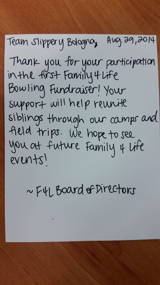 Non-profit organization Family 4 Life wrote a note thanking Little Guys Movers San Marcos for participating in their first annual Strike Out Sibling Separation fundraiser.
