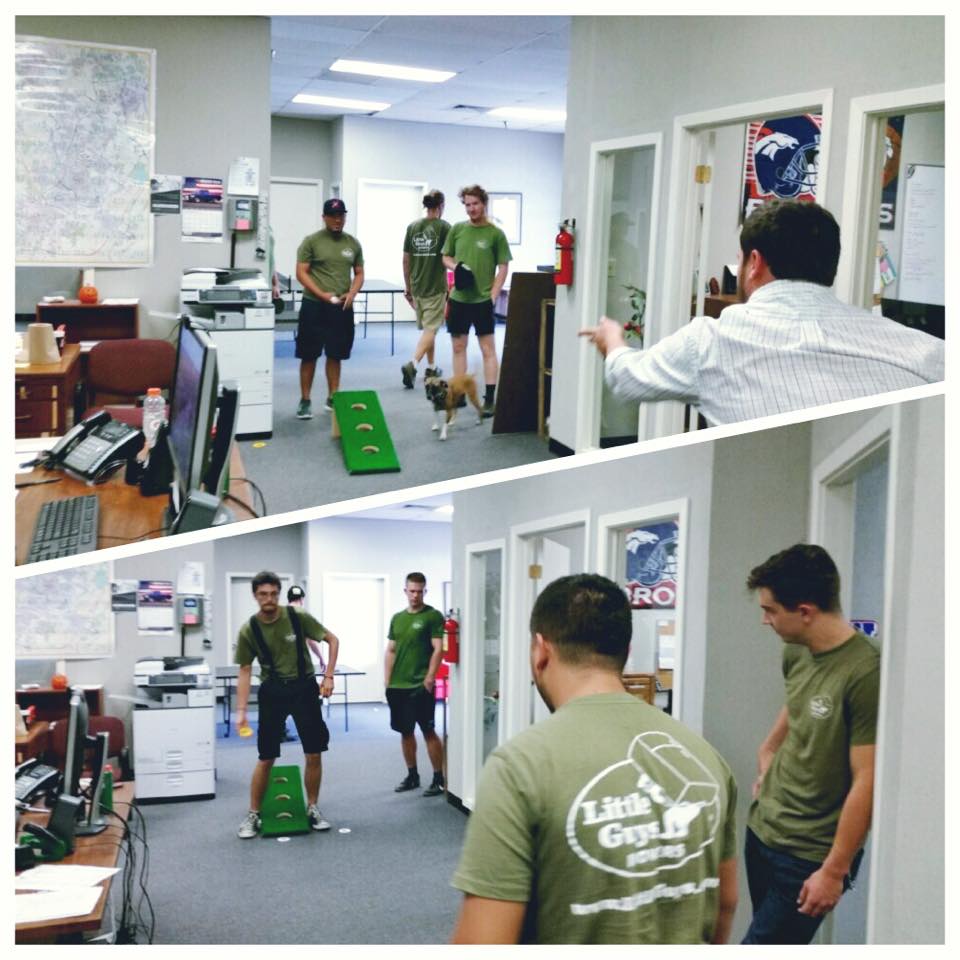 Austin movers playing bags in the office