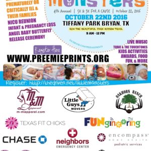 Save the date on October 22 for Preemie Prints’ 4th annual Little Monsters 5K for a Cause in Bryan, TX.