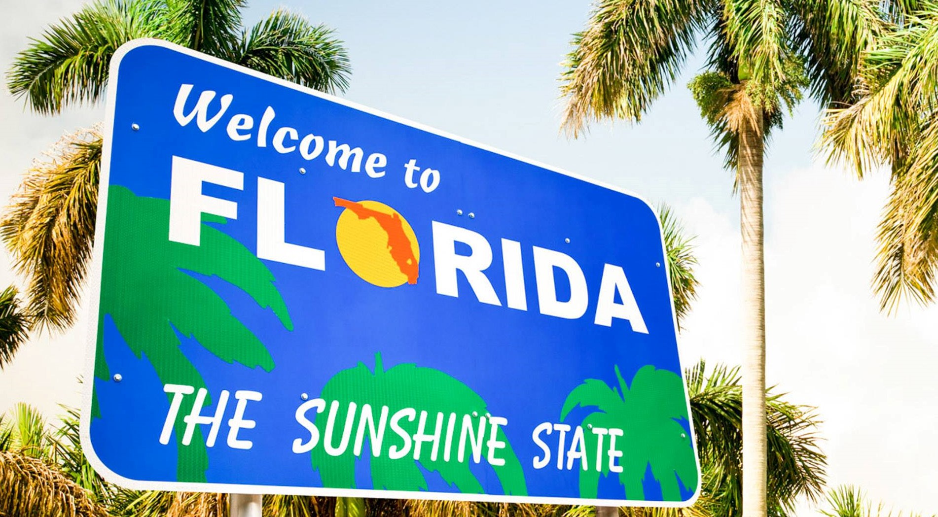 A beautiful Welcome to Florida - The Sunshine State sign in front of iconic palm trees