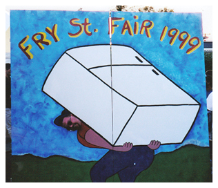 A photograph from Denton's Fry St. Fair in 1999; someone poses as the Little Guy from the LGM logo!