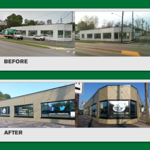 a before and after picture of the Lexington store when we first moved in and the result of a sweet paint job and addition of window graphics