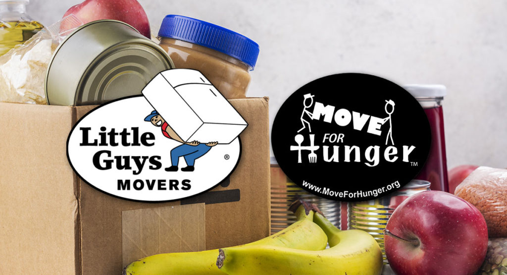 An image of canned goods and food items with the Little Guys Movers and Move For Hunger logos overlayed