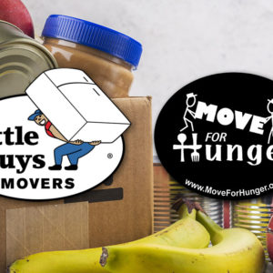 An image of canned goods and food items with the Little Guys Movers and Move For Hunger logos overlayed