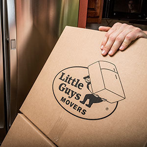close up of a hand on a moving box with the Little Guys Movers logo