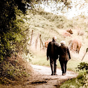 A senior couple walk arm in arm down a path in the green countryside.