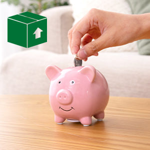 Person putting coin inside piggy bank with an icon of a moving box in the corner