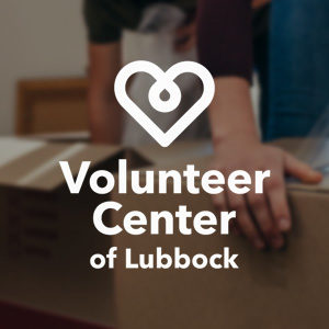 Volunteer Center of Lubbock logo over a picture of a moving box getting taped up.