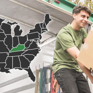 An image of a map of the United States with Kentucky highlighted, along with an image of a Little Guy loading a moving truck.