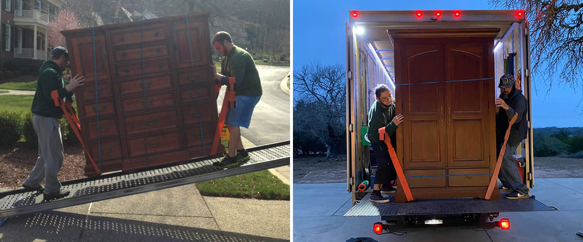 Little Guys Movers in Lexington use forearm lifting straps to move a large, heavy armoire.