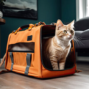 Orange tabby cat stands inside a travel carrier.