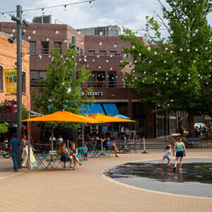 An area of downtown Fort Collins with shops and restaurants.