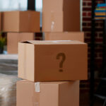 Stacks of brown, cardboard moving boxes in an office-like setting
