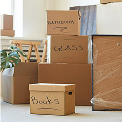 A variety of labeled moving boxes are stacked around a room