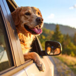 Golden retriever sticks its head out the car window during a long distance move from Edmond, OK.