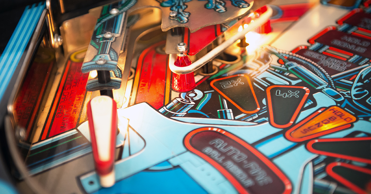 Close-up of a section of a pinball game.