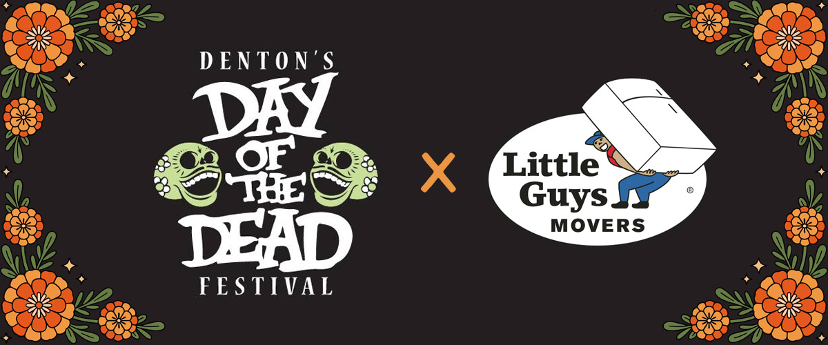 Black background with Little Guys Movers and Denton's Day of the Dead Festival logos, surrounded by orange marigolds