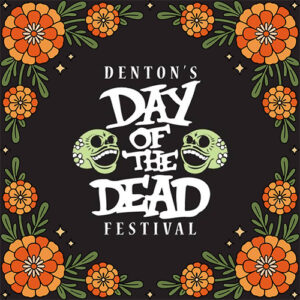Black background with Little Guys Movers and Denton's Day of the Dead Festival logos, surrounded by orange marigolds