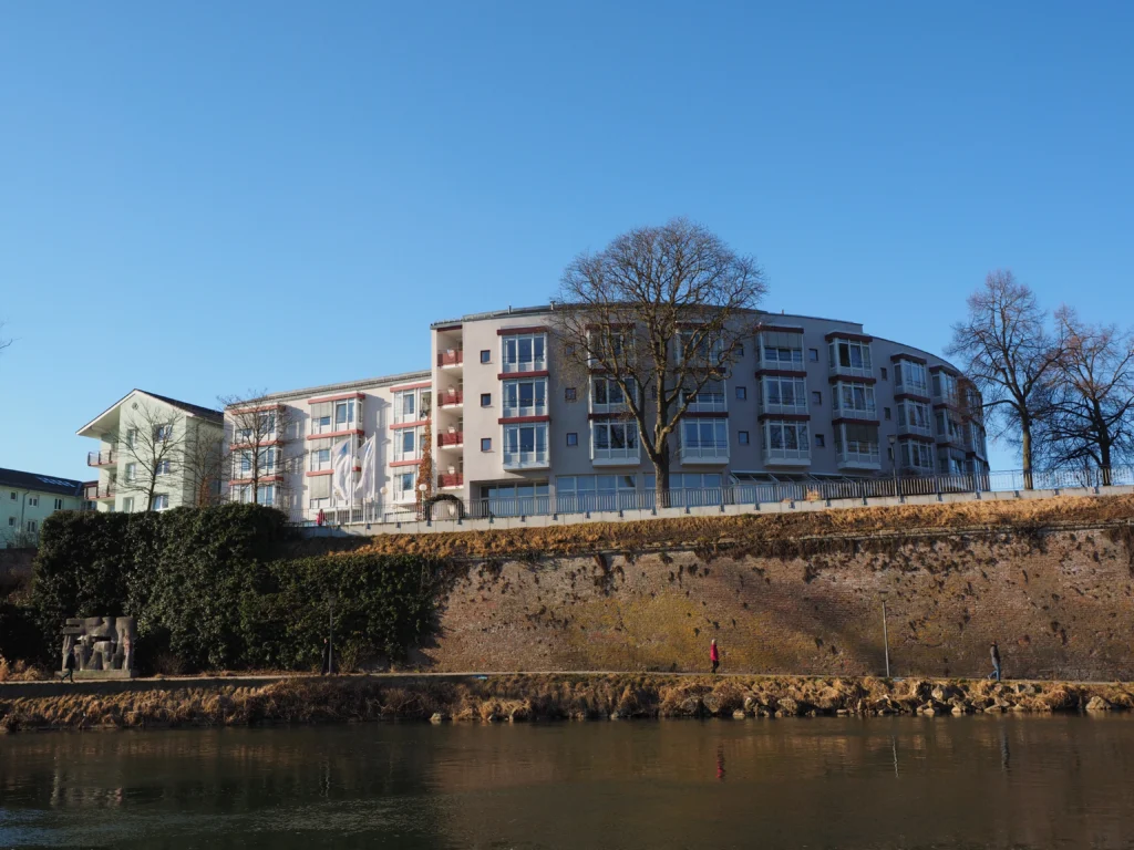 Senior assisted living center on a bluff overlooking a river.